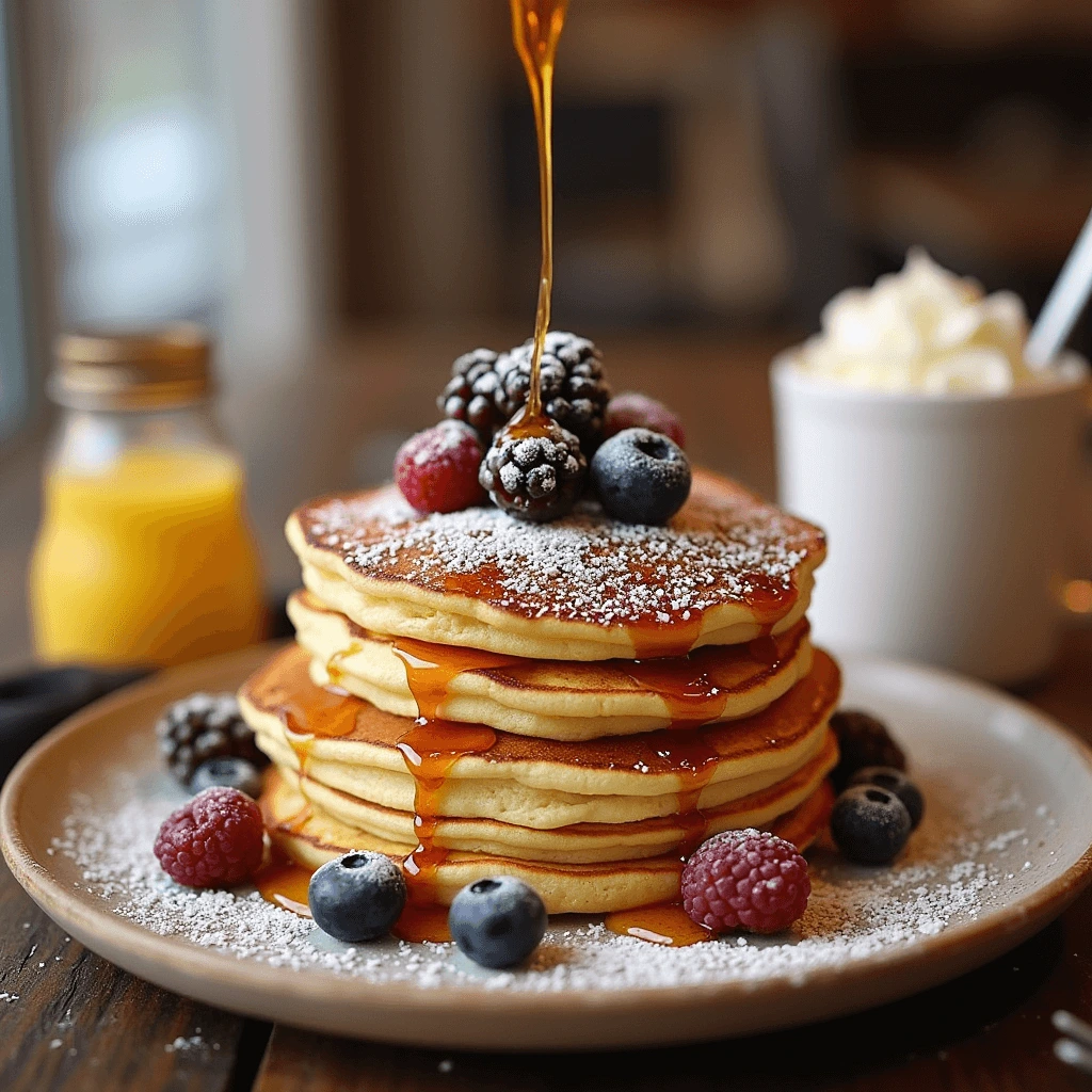 A stack of fluffy pancakes topped with fresh berries, drizzled with golden syrup, and dusted with powdered sugar.