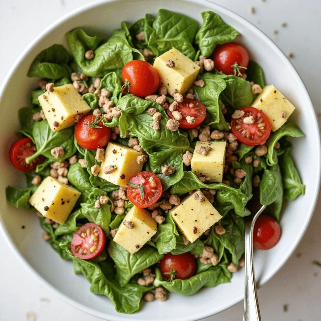 A fresh salad in a white bowl featuring spinach leaves, cherry tomatoes, yellow cheese cubes, and small brown crumbles, with a fork resting on the side.