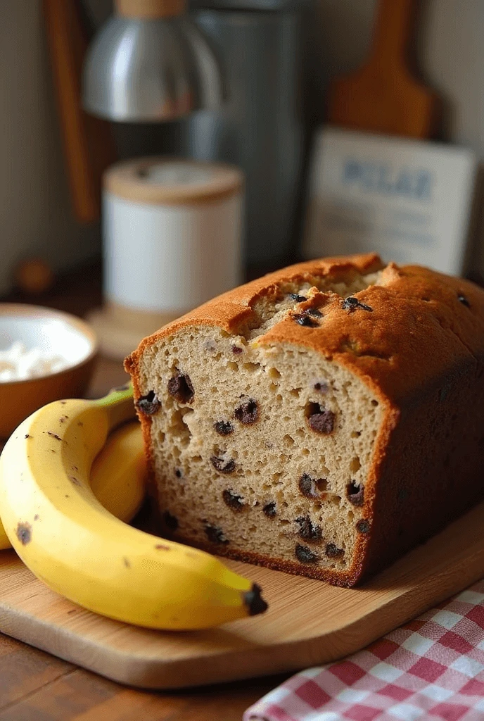 A freshly baked loaf of banana bread with chocolate chips, placed on a wooden board with ripe bananas.