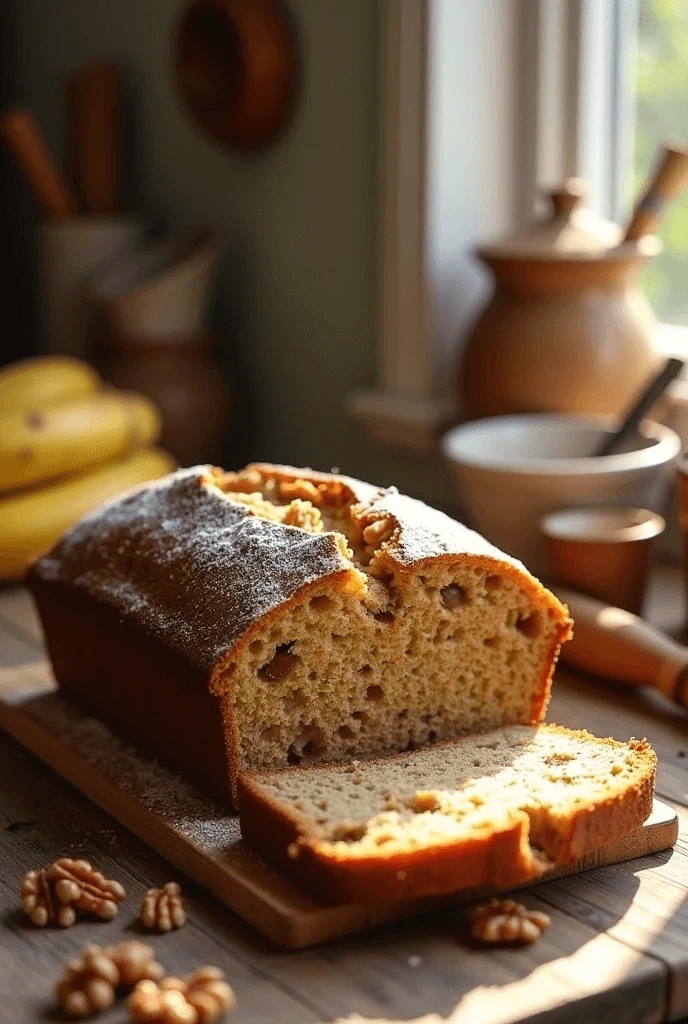 Freshly baked banana bread with walnuts on a wooden cutting board near a sunny window