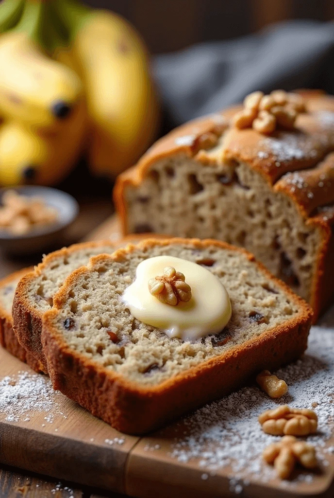 A sliced loaf of banana bread topped with a dollop of butter and a walnut, garnished with powdered sugar and surrounded by fresh bananas and walnuts on a wooden board.