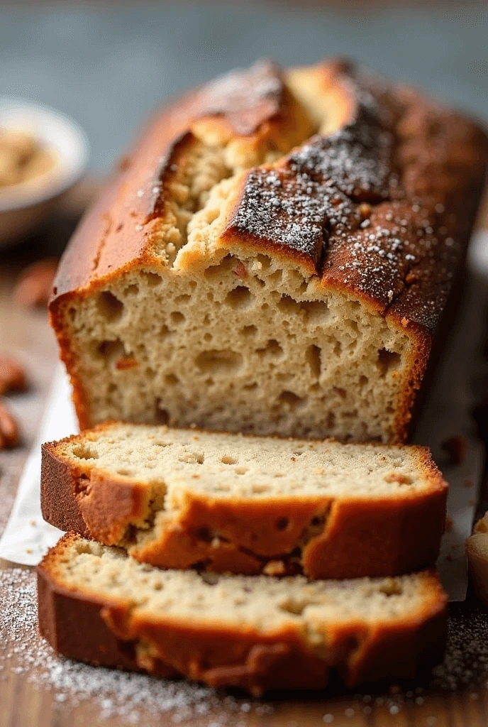 A freshly baked loaf of banana bread with a golden-brown crust, sliced to reveal its moist interior, lightly dusted with powdered sugar.