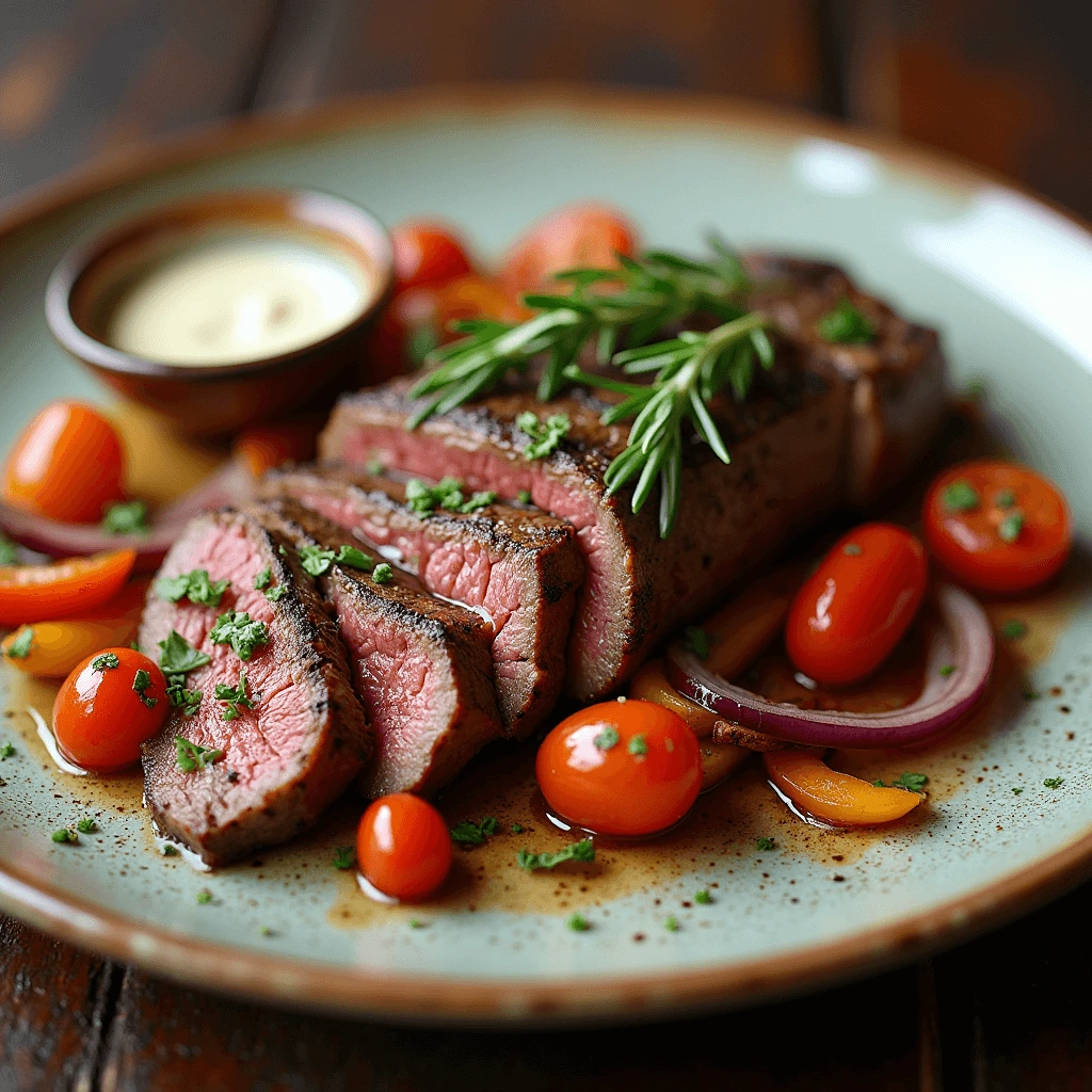 A plate of sliced medium-rare Chicken Tabaka with fresh herbs, accompanied by cherry tomatoes, red onion slices, and a small bowl of dipping sauce