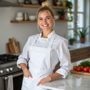 A smiling female chef wearing a white uniform and apron stands in a modern kitchen with fresh ingredients on the counter.