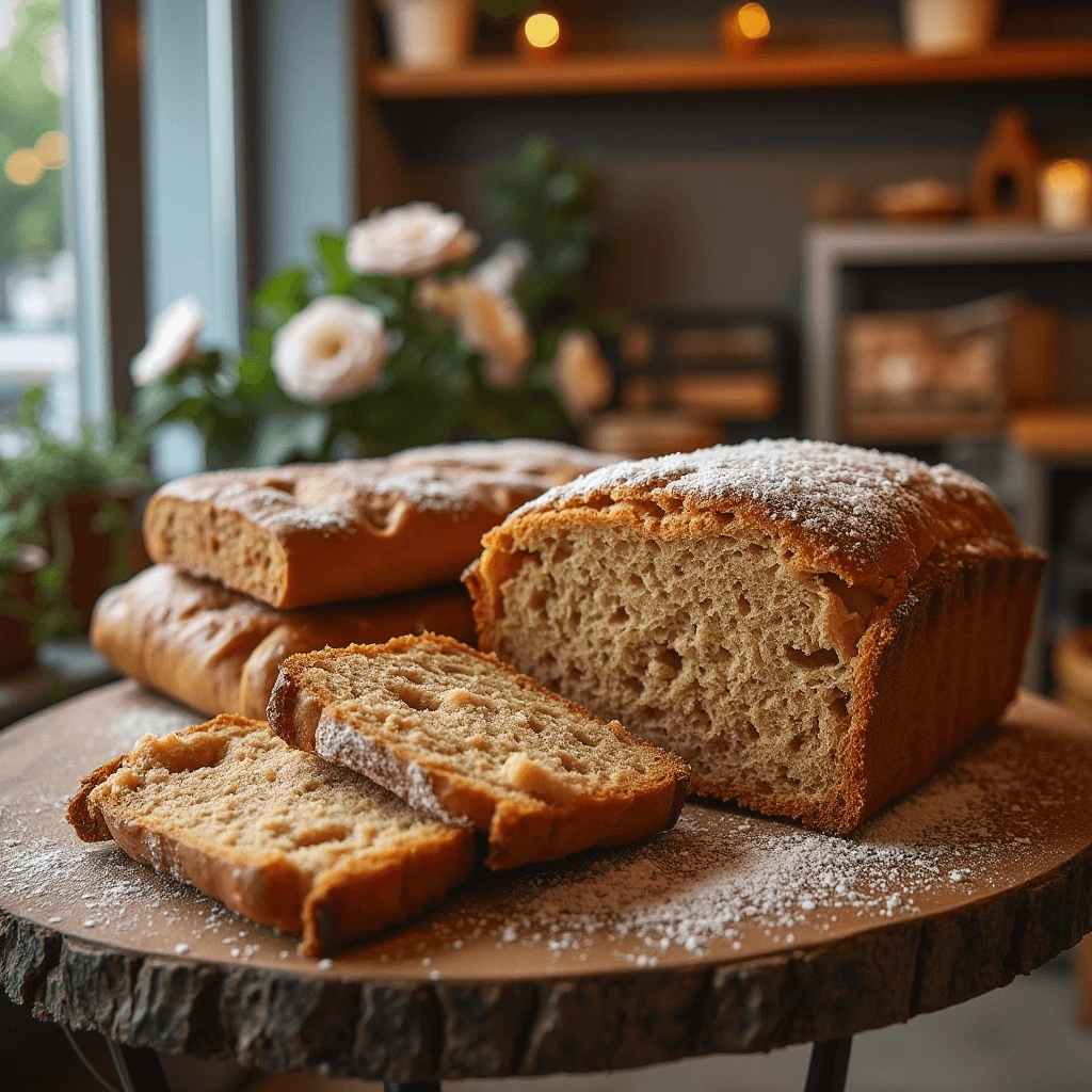 A freshly baked loaf of bread dusted with powdered sugar, sliced and displayed on a rustic wooden board in a cozy bakery setting.