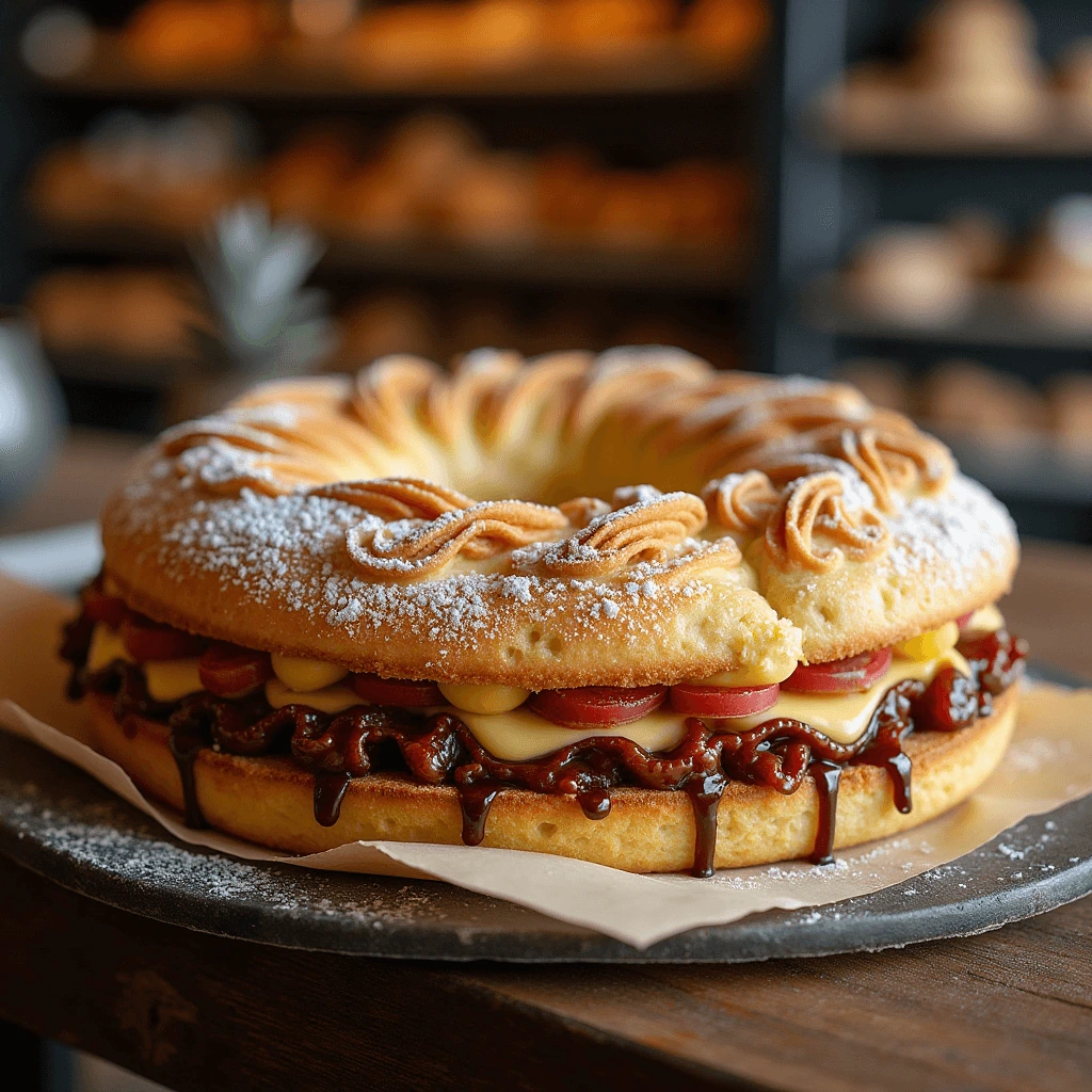 A beautifully crafted round pastry with a light golden crust, powdered sugar dusting, and intricate piping on top. It is filled with layers of chocolate, cream, and sliced fruits, sitting on parchment paper on a wooden surface.