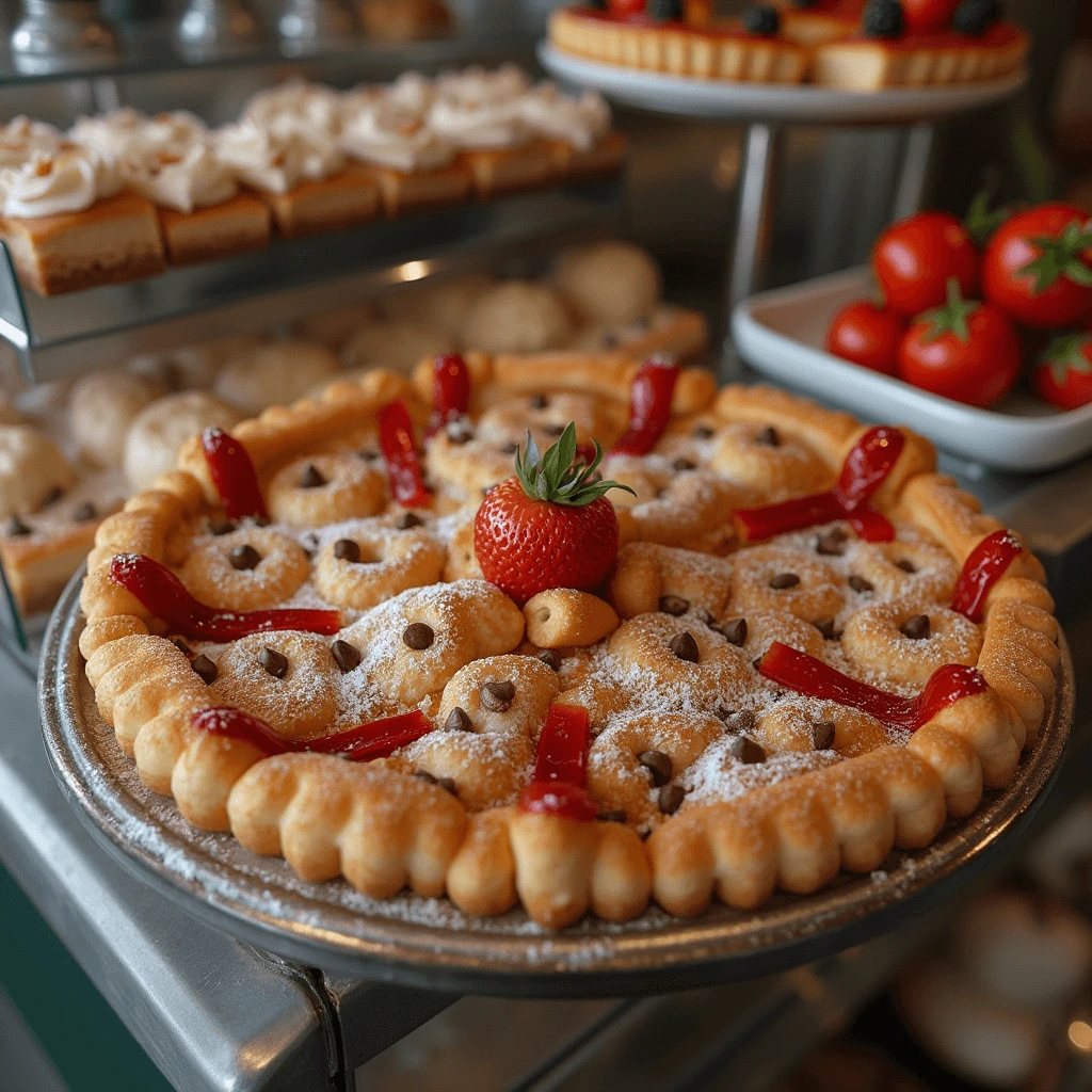 A freshly baked pie topped with powdered sugar, chocolate chips, strawberry jam, and a fresh strawberry at the center, displayed on a bakery counter