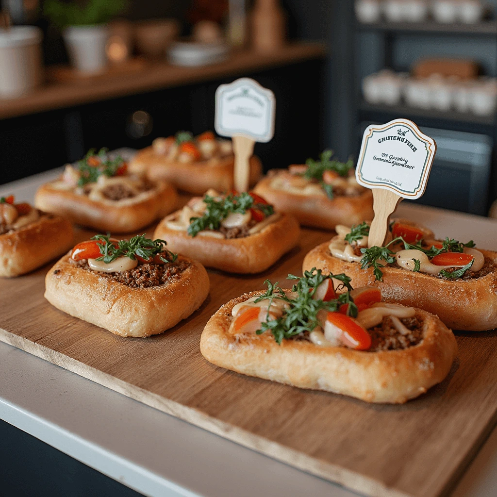 Freshly baked savory pastries topped with minced meat, cherry tomatoes, melted cheese, and fresh herbs, displayed on a wooden board in a bakery.