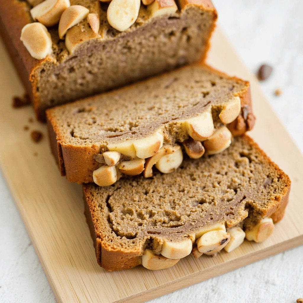 Homemade banana bread topped with roasted nuts, sliced and served on a wooden cutting board.