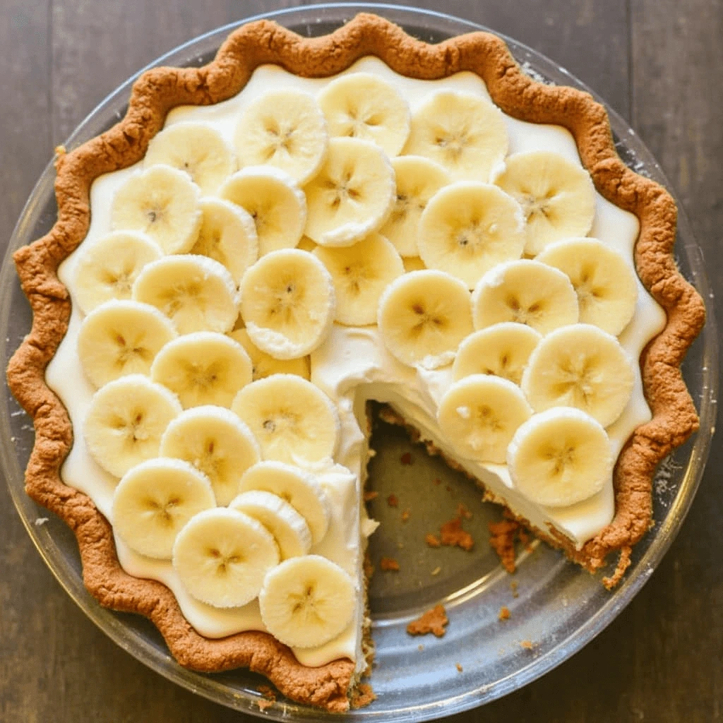 A freshly made banana cream pie with a golden crust, topped with banana slices, with a slice removed.