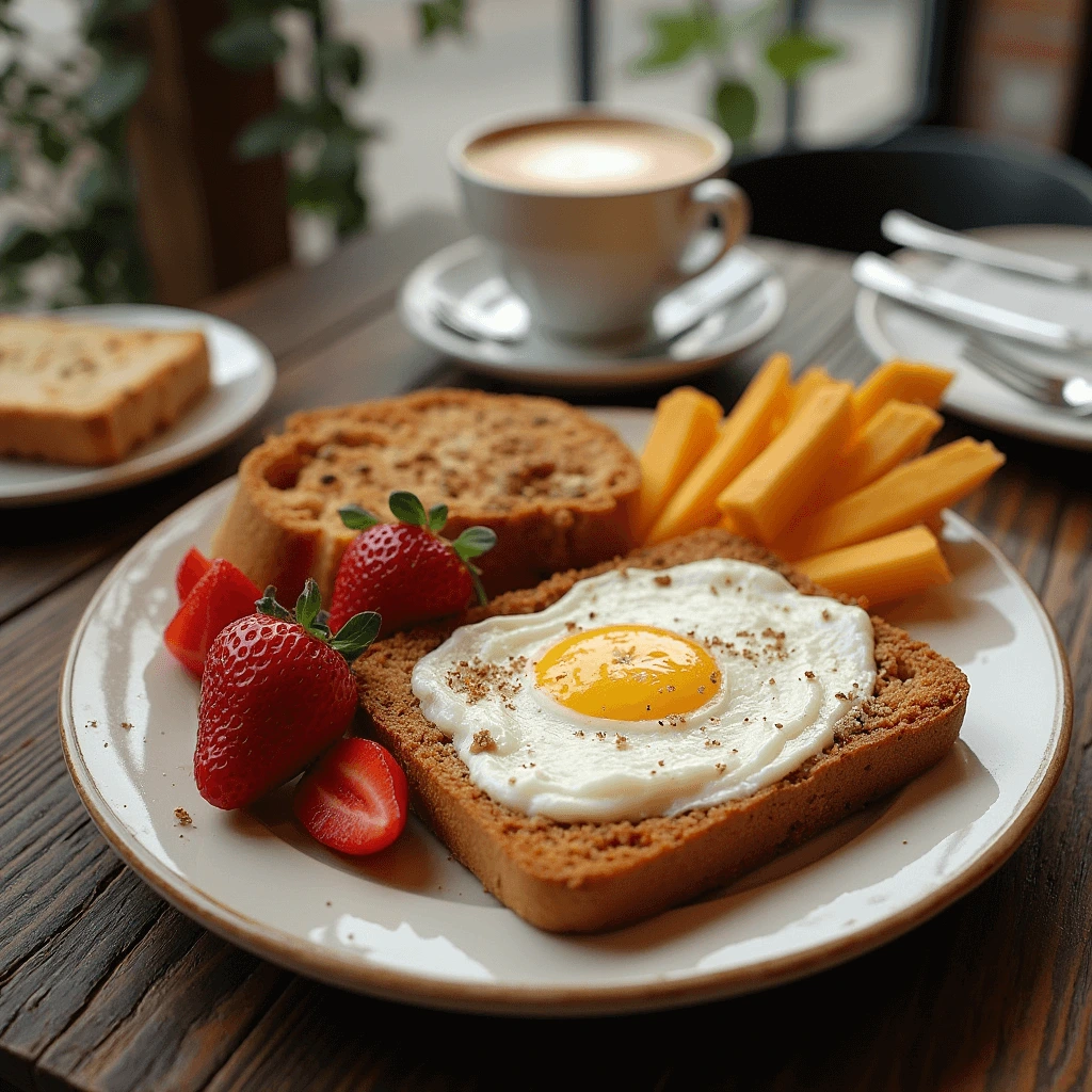 A delicious breakfast plate featuring toasted bread with a sunny-side-up egg, fresh strawberries, cheese slices, and a cup of coffee in a cozy café setting.