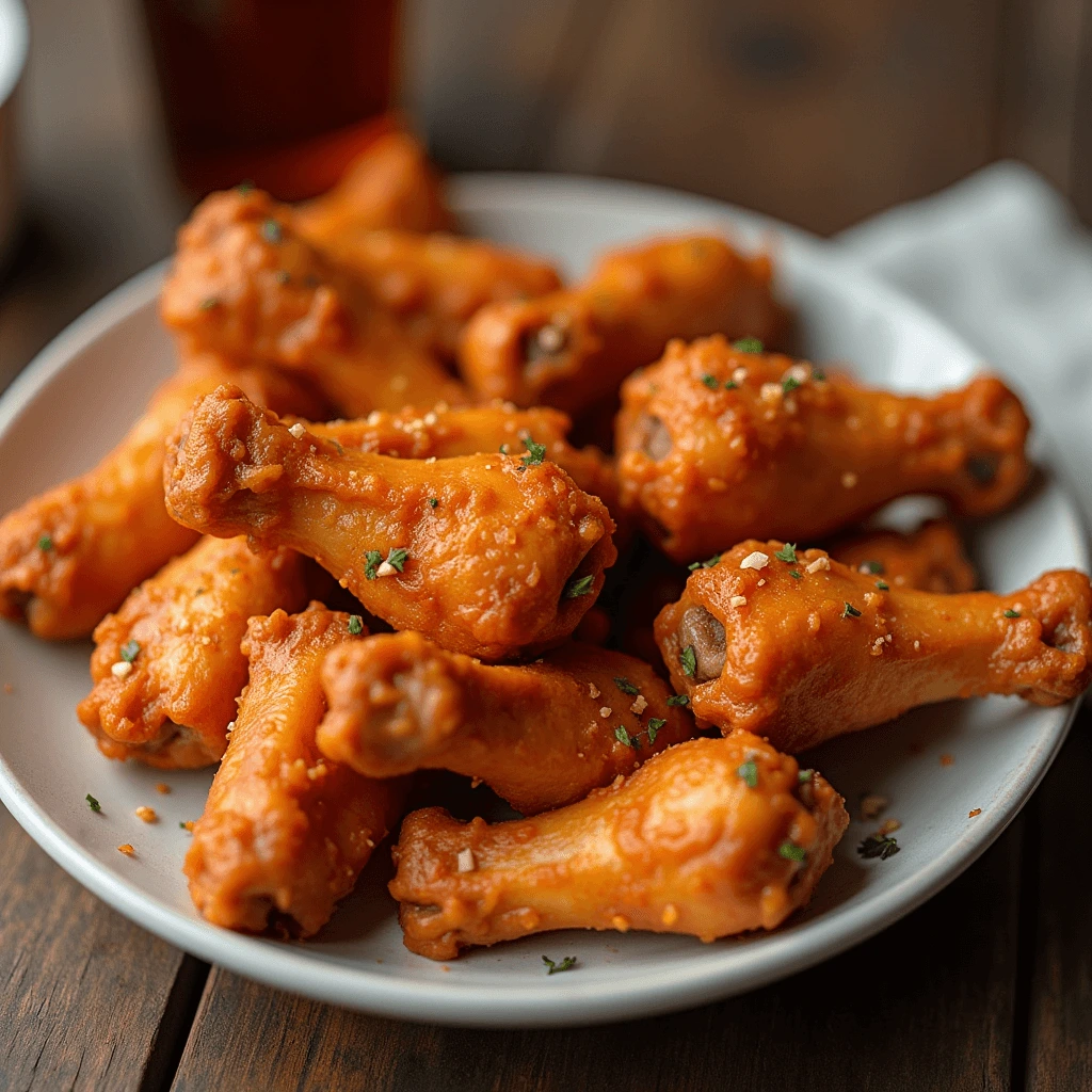 A plate of crispy buffalo chicken drumettes garnished with herbs and grated cheese.