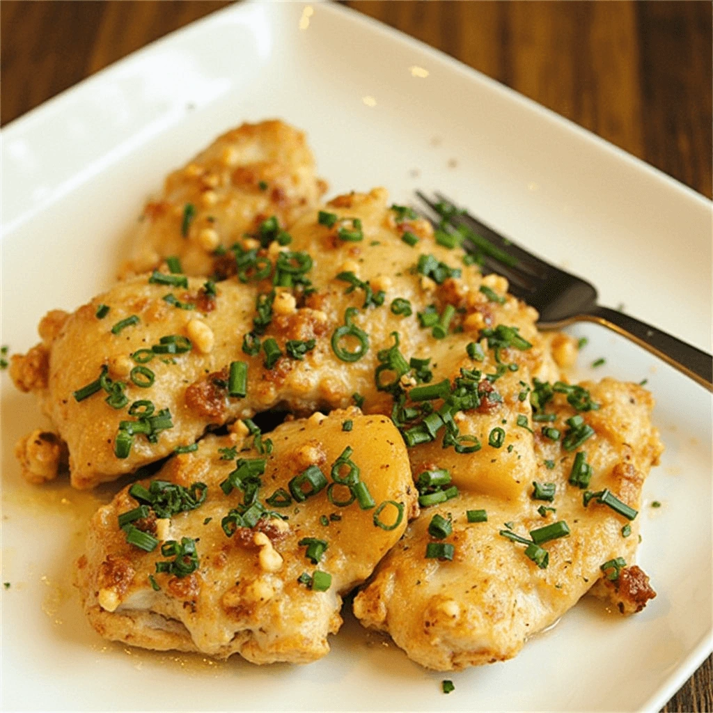 A plate of creamy chicken piccata garnished with fresh chopped chives and crispy bits, served on a white dish with a fork.