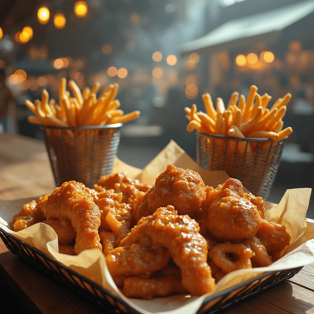 A basket of crispy fried chicken and onion rings with two servings of golden French fries in metal baskets, set in a warm, ambient dining setting.