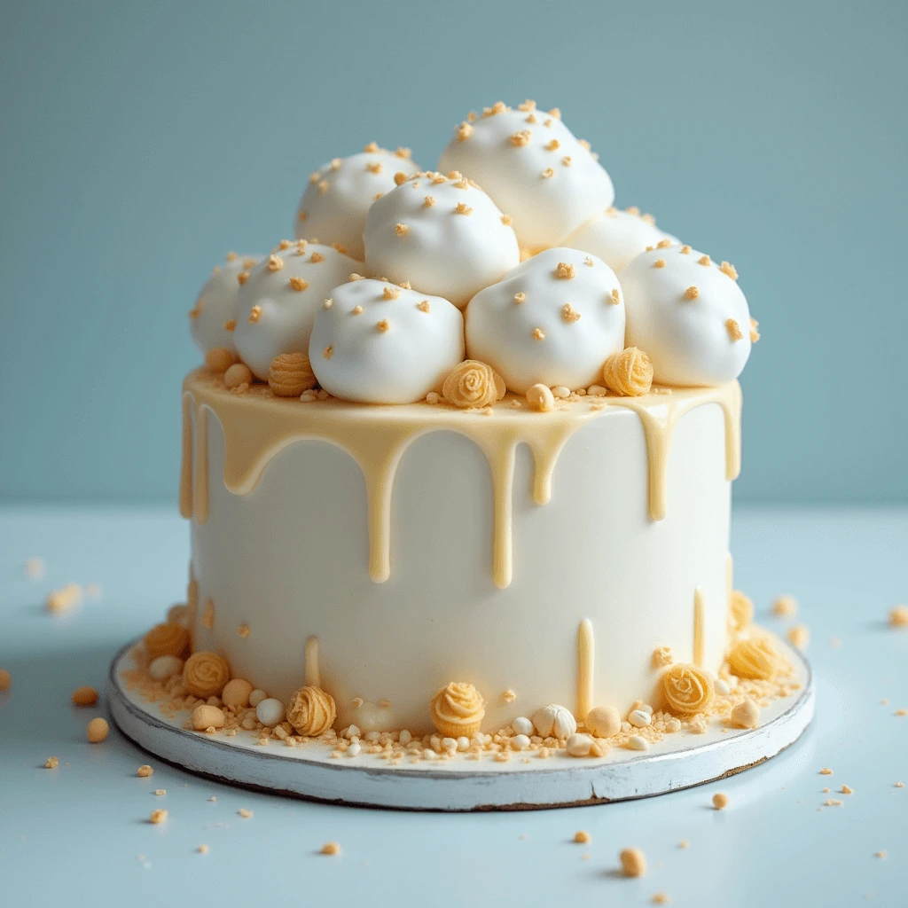 A beautifully decorated cloud cake with smooth white icing, golden drip details, and fluffy white truffle-like toppings, garnished with delicate golden sprinkles and edible decorations.