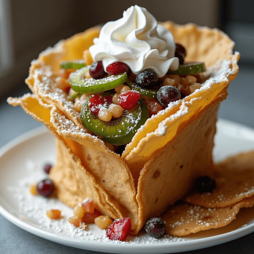 A crispy crepe bowl filled with fresh kiwi, berries, fruit pearls, and topped with whipped cream, garnished with powdered sugar.