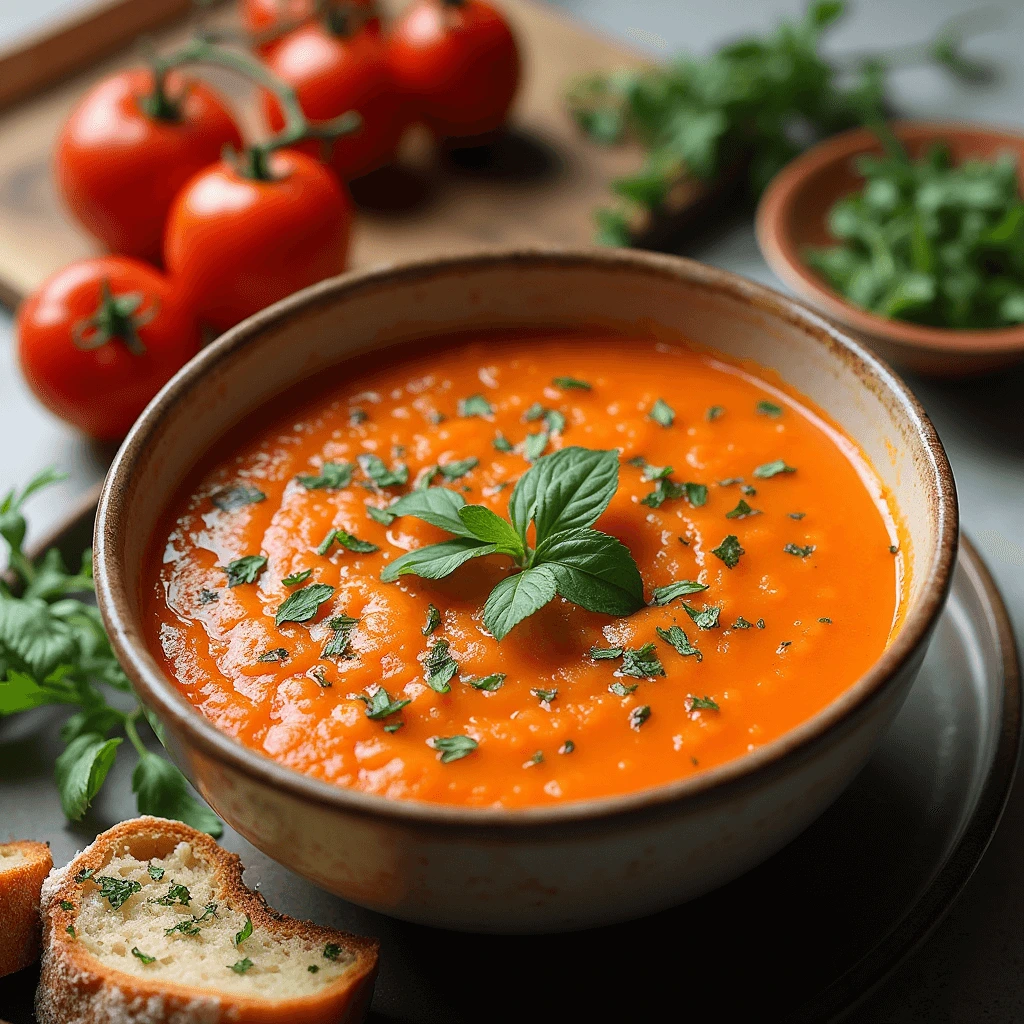 A bowl of creamy tomato soup garnished with fresh herbs, served with rustic bread on the side.