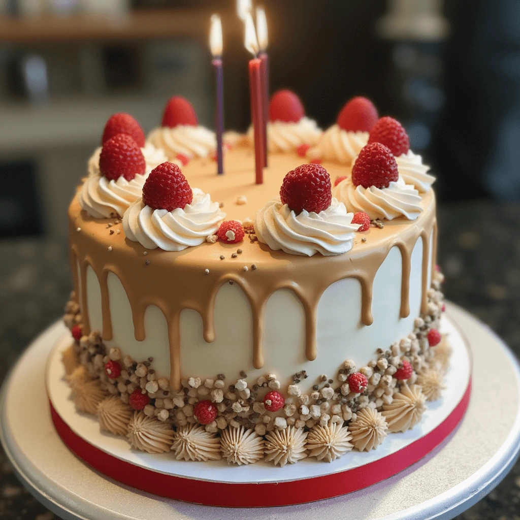 A beautifully decorated birthday cake with caramel drip, whipped cream swirls, fresh raspberries, and lit candles.