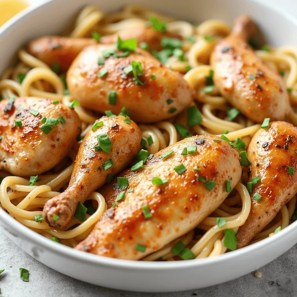 A close-up of a bowl of golden-brown roasted chicken drumsticks and thighs served over spaghetti, garnished with fresh green herbs.