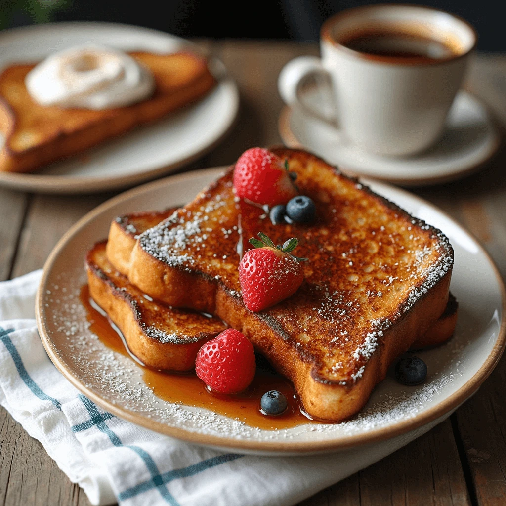 A plate of golden-brown French toast topped with fresh strawberries, blueberries, powdered sugar, and maple syrup, served alongside a cup of coffee.