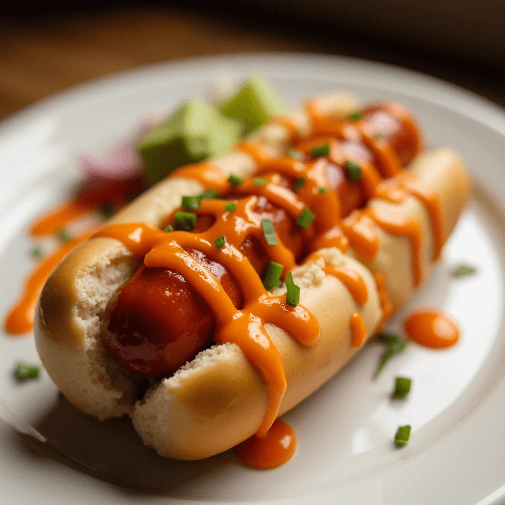 A freshly prepared hot dog in a soft bun, drizzled with creamy orange sauce and garnished with chopped green onions.