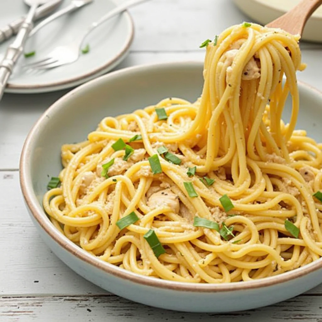 A plate of creamy spaghetti garnished with chopped green herbs, with a fork lifting a portion of the pasta.