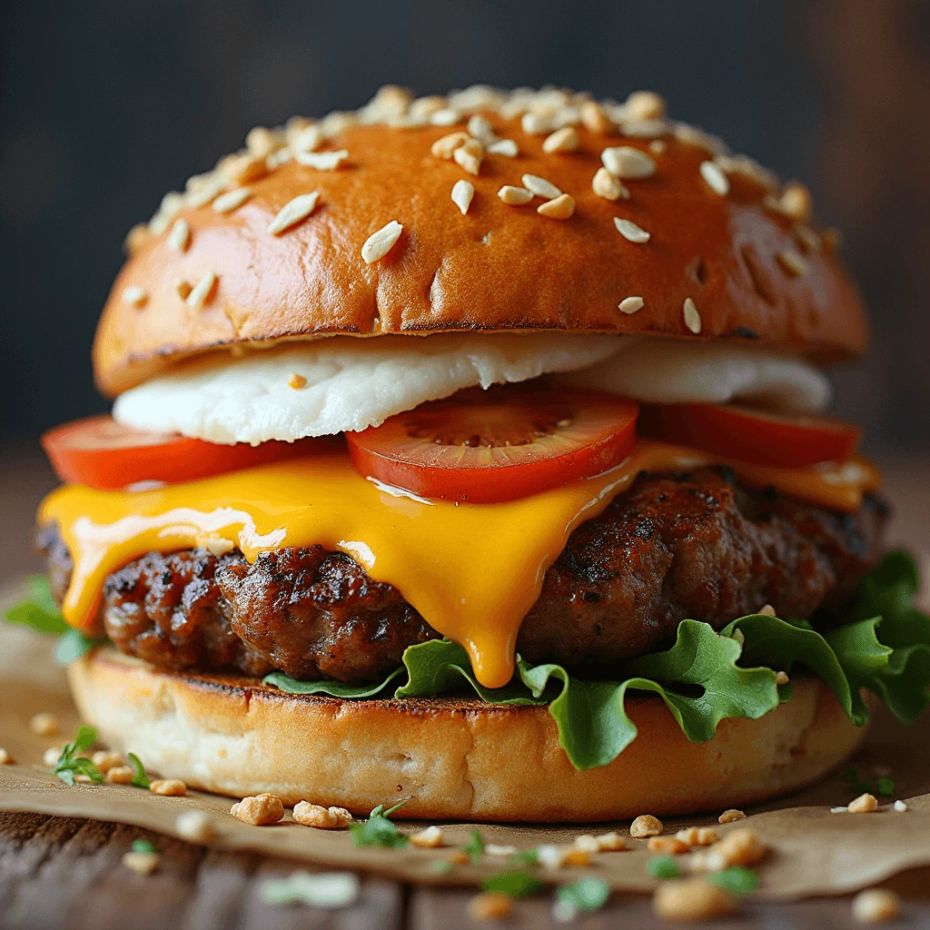 A juicy cheeseburger with a sesame seed bun, melted cheddar cheese, lettuce, tomato, and a fried egg.