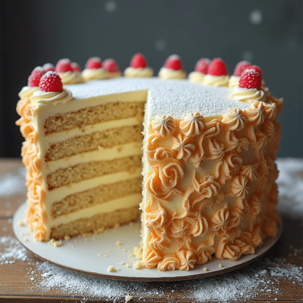 A four-layer vanilla cake with creamy frosting and decorative orange icing swirls, topped with raspberries, with a slice removed to show the layers.