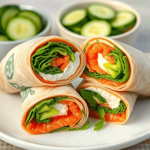 A close-up of a healthy eating wrap filled with vegetables, with a bowl of sliced cucumbers in the background.