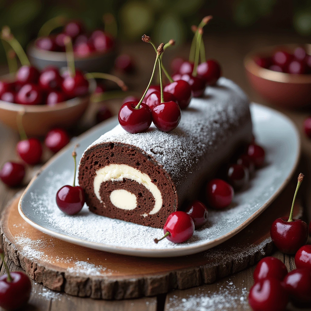 A chocolate Swiss roll cake with a creamy white filling, dusted with powdered sugar and garnished with fresh cherries, served on a plate with scattered cherries around.