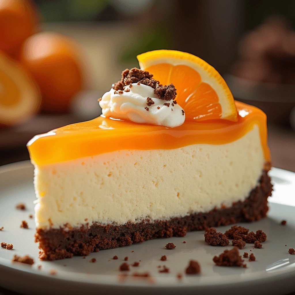 A close-up shot of a creamy orange cheesecake slice with a rich chocolate crust, topped with glossy orange glaze, whipped cream, a fresh orange slice, and chocolate crumbles.