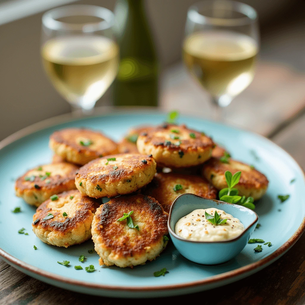 A plate of golden-brown crab cakes garnished with fresh herbs, accompanied by a small bowl of dipping sauce, and two glasses of white wine in the background.