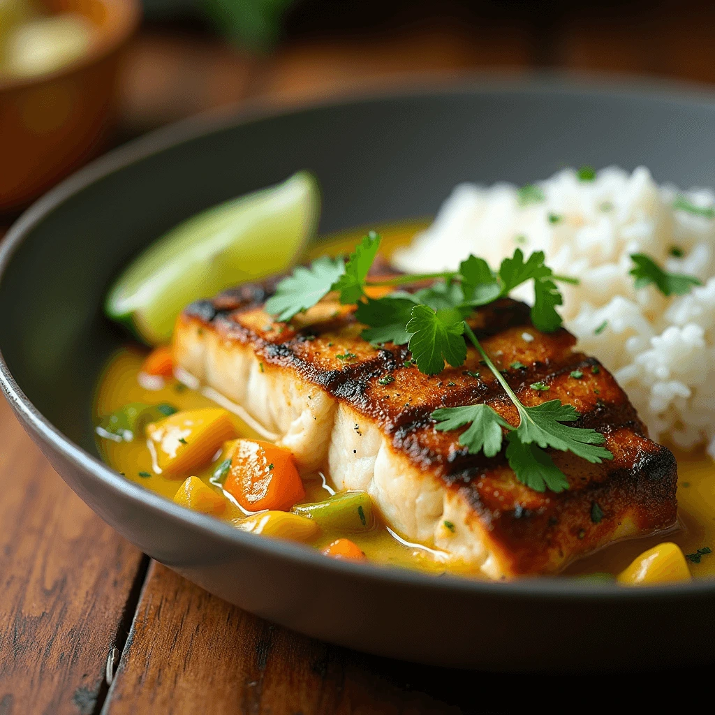 A close-up of a grilled white fish fillet with a golden-brown crust, served in a creamy curry sauce with diced vegetables, white rice, and a lime wedge, garnished with fresh cilantro.