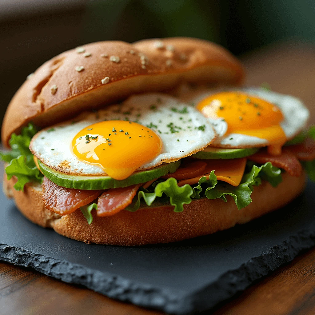 A close-up of a gourmet breakfast sandwich with fried eggs, bacon, avocado, cheese, and fresh lettuce in a seeded bun, served on a dark slate board.