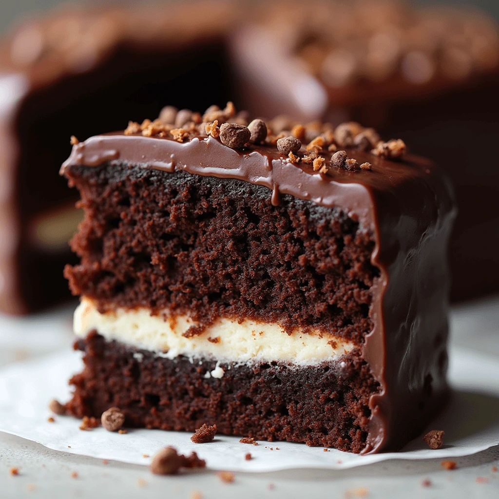 A close-up of a rich and moist chocolate cake with a creamy coconut filling, covered in a glossy dark chocolate ganache and topped with crunchy chocolate bits.