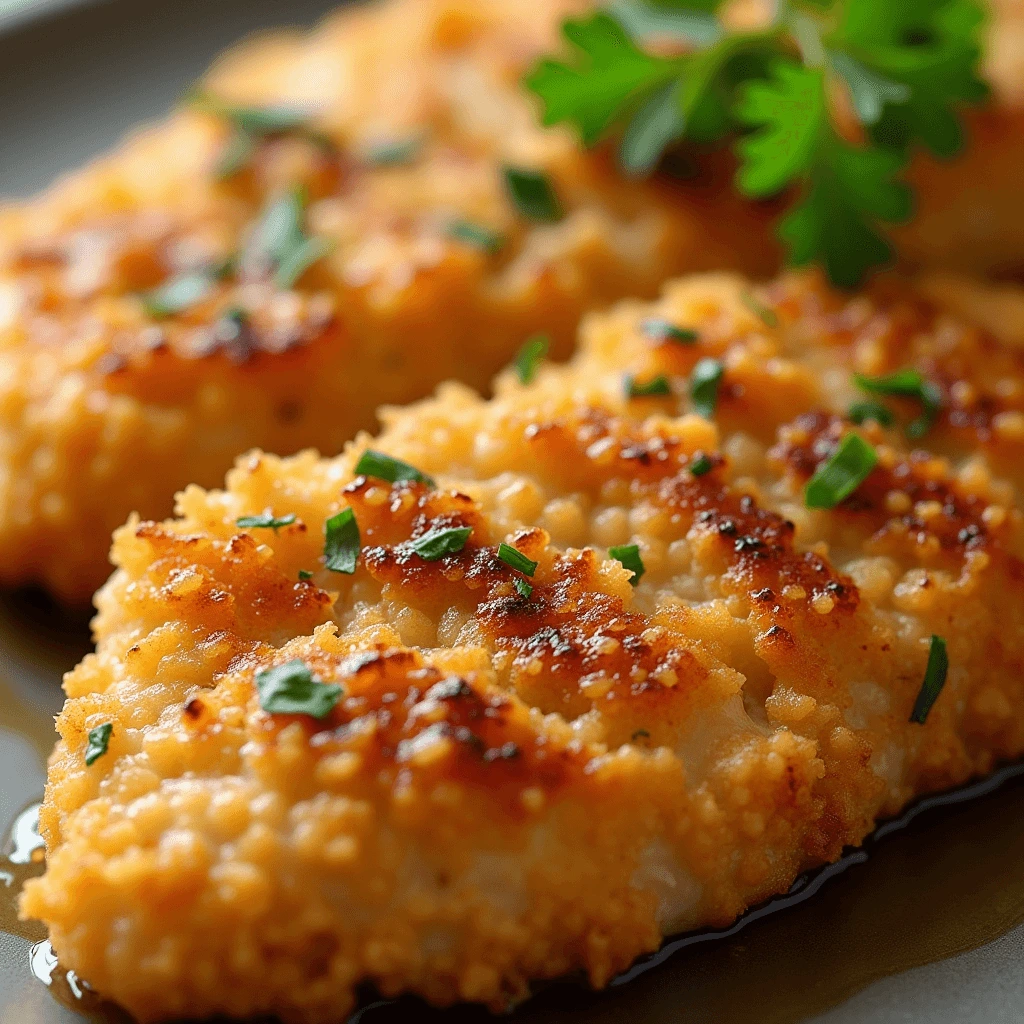 A close-up of crispy, golden-brown breaded chicken breast slices garnished with fresh green parsley.