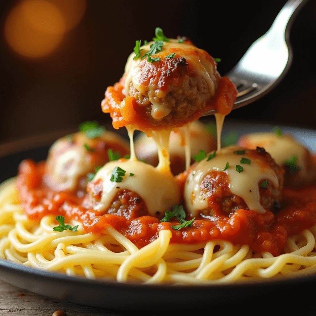 Cheesy meatballs covered in marinara sauce over a plate of spaghetti, with melted cheese stretching as one is lifted by a fork.