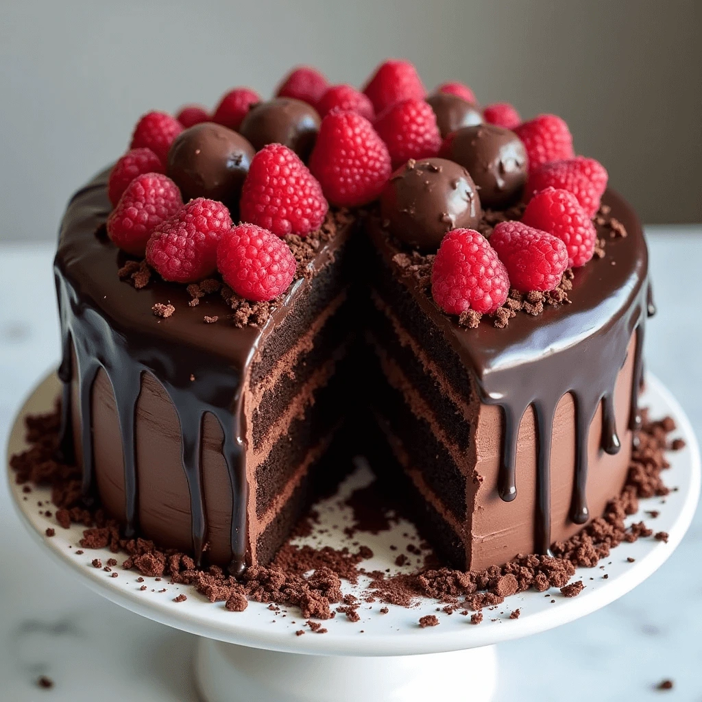A decadent chocolate cake with multiple layers, topped with fresh raspberries and chocolate truffles, with chocolate ganache dripping down the sides. A slice has been cut out, revealing the rich, moist interior.