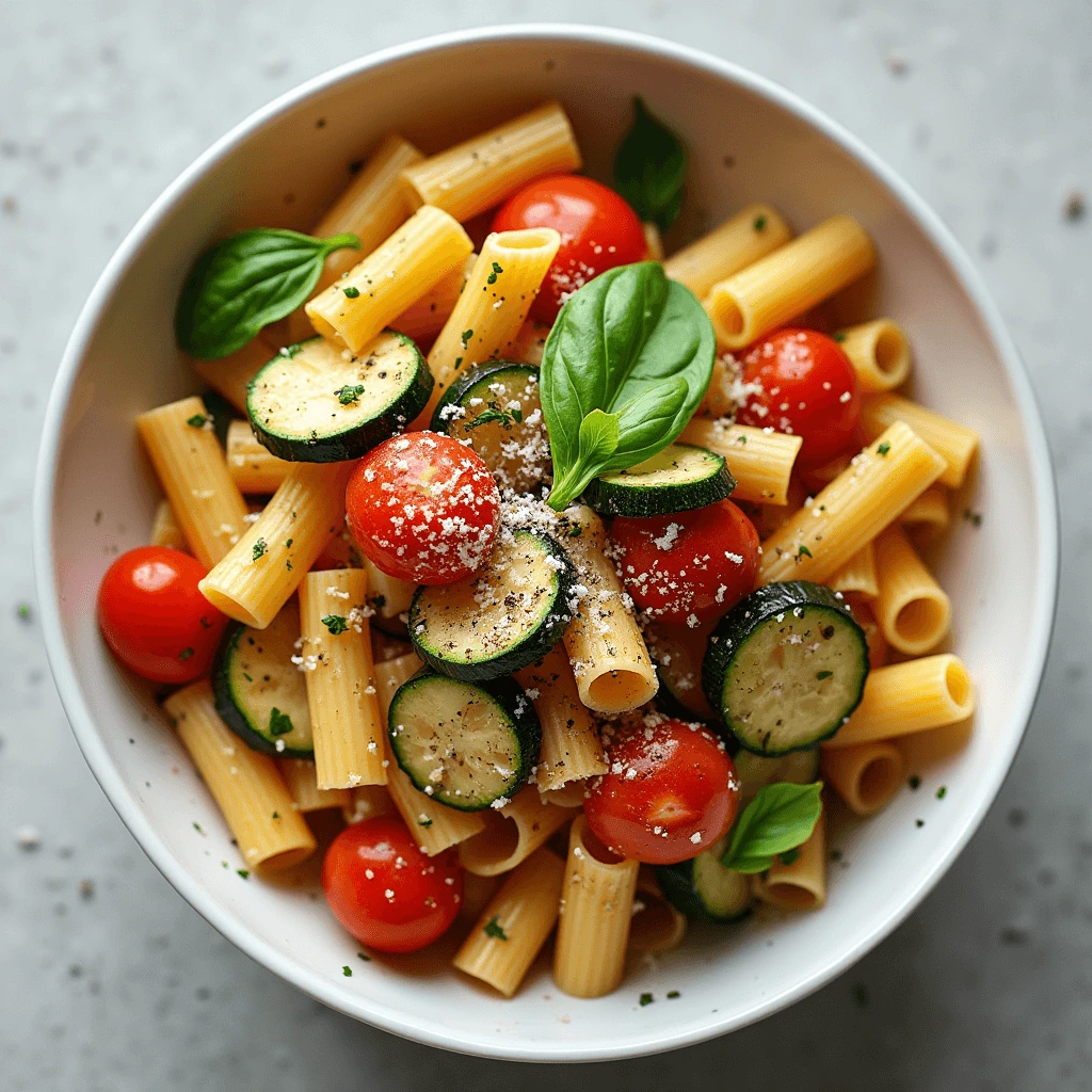 A bowl of rigatoni Pasta Dish with cherry tomatoes, zucchini slices, and fresh basil leaves, garnished with grated cheese and black pepper.