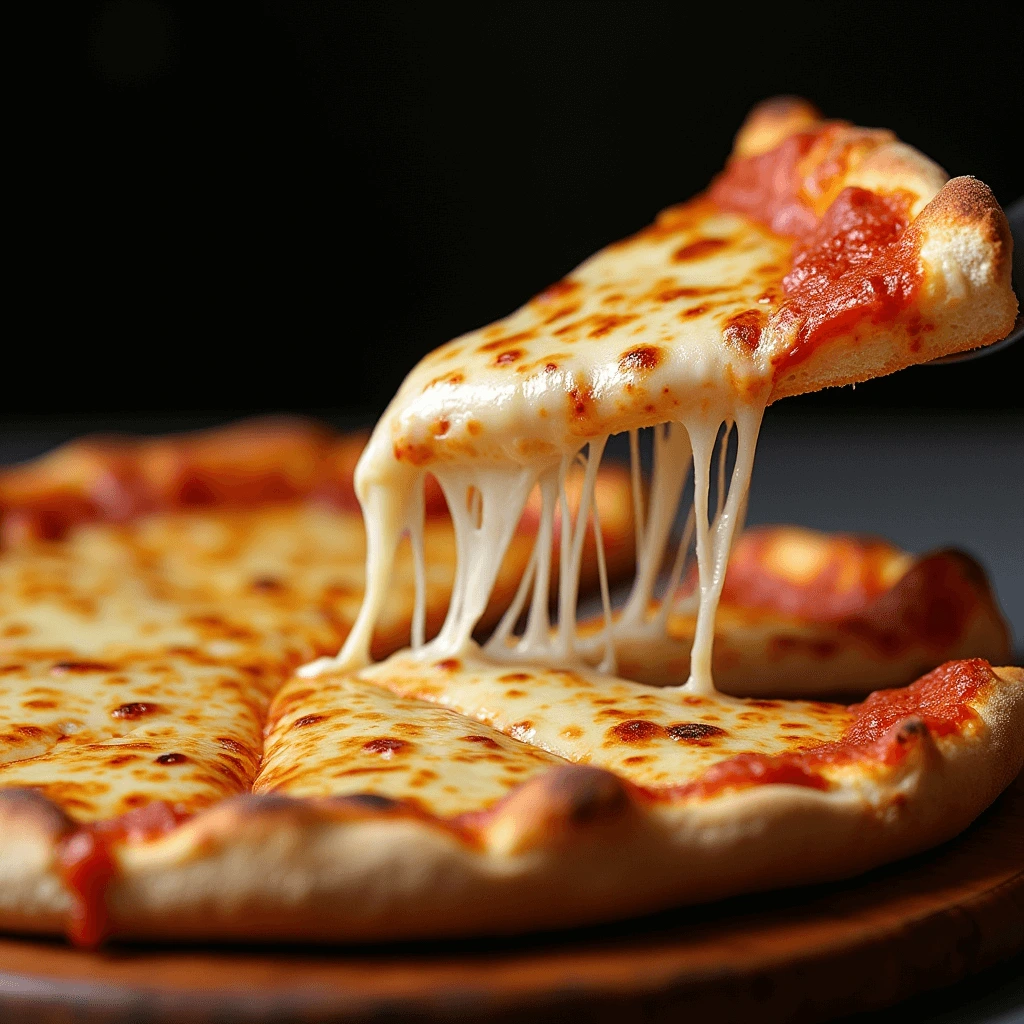 A slice of cheesy pizza being lifted, with gooey melted cheese stretching from the rest of the pizza.