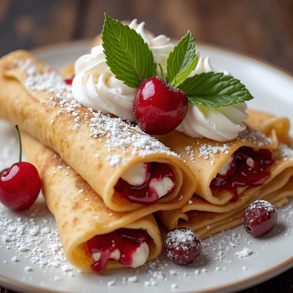 A plate of rolled crepes filled with whipped cream and cherry filling, garnished with fresh cherries, mint leaves, and a dusting of powdered sugar.