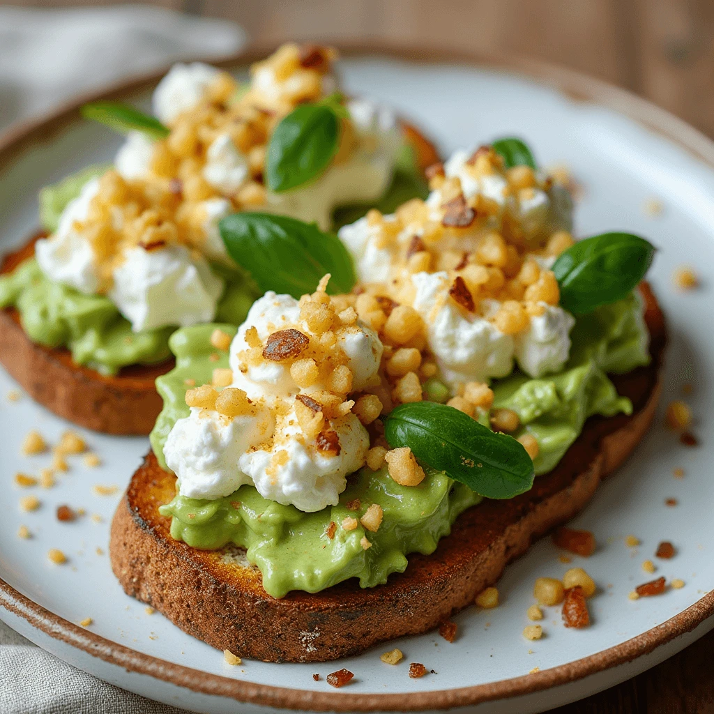 Two slices of toasted bread topped with mashed avocado, dollops of ricotta cheese, fresh basil leaves, and sprinkled with crispy crumbs.