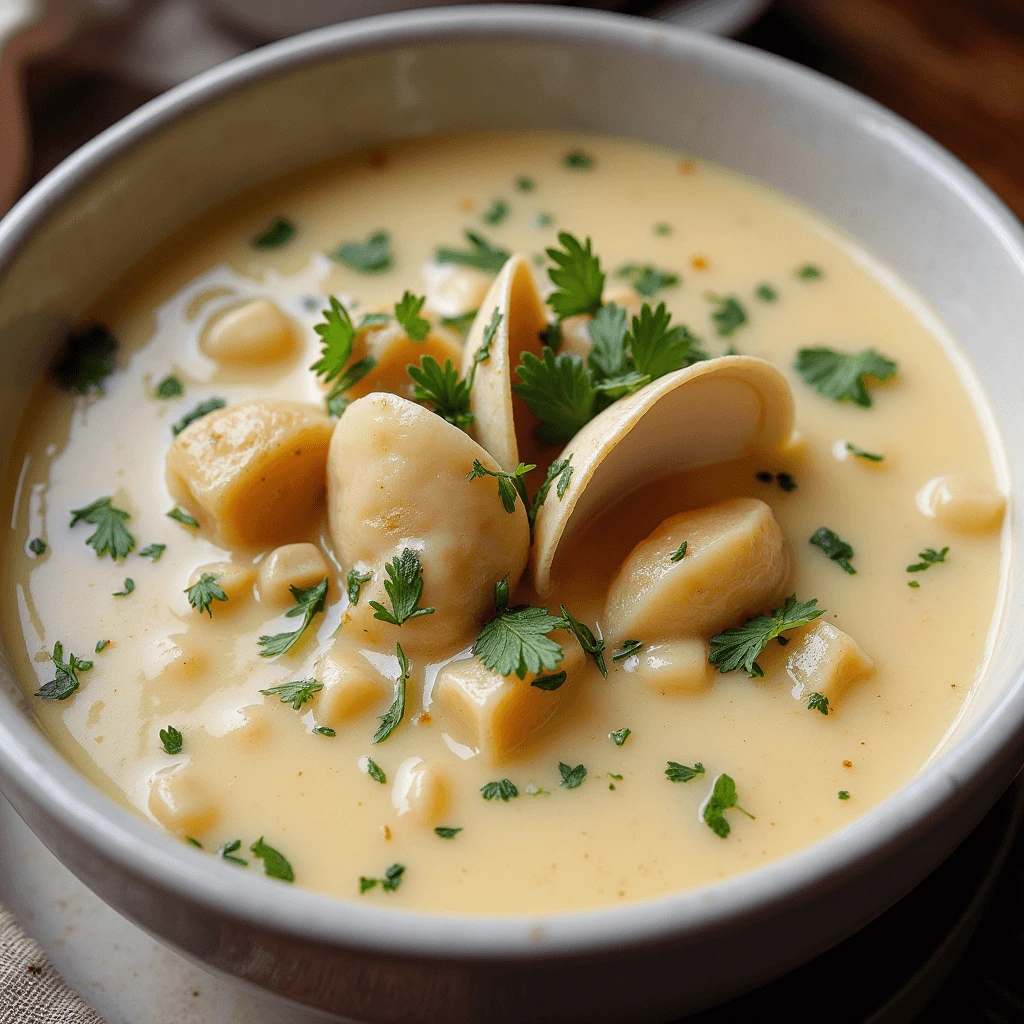 A bowl of creamy clam chowder with chunks of potatoes, clams, and garnished with fresh parsley.