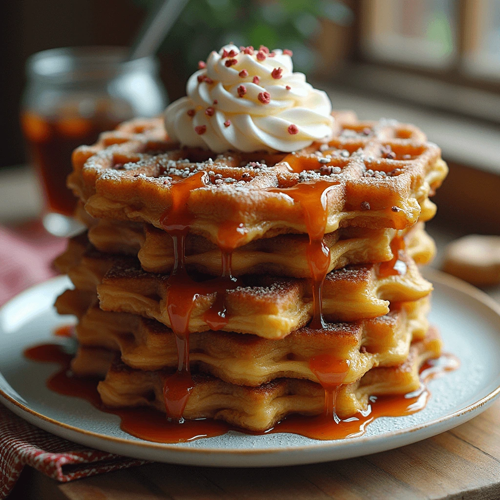  A stack of golden-brown waffles drizzled with caramel syrup, topped with a swirl of whipped cream and red sprinkles, served on a plate with a cozy background.