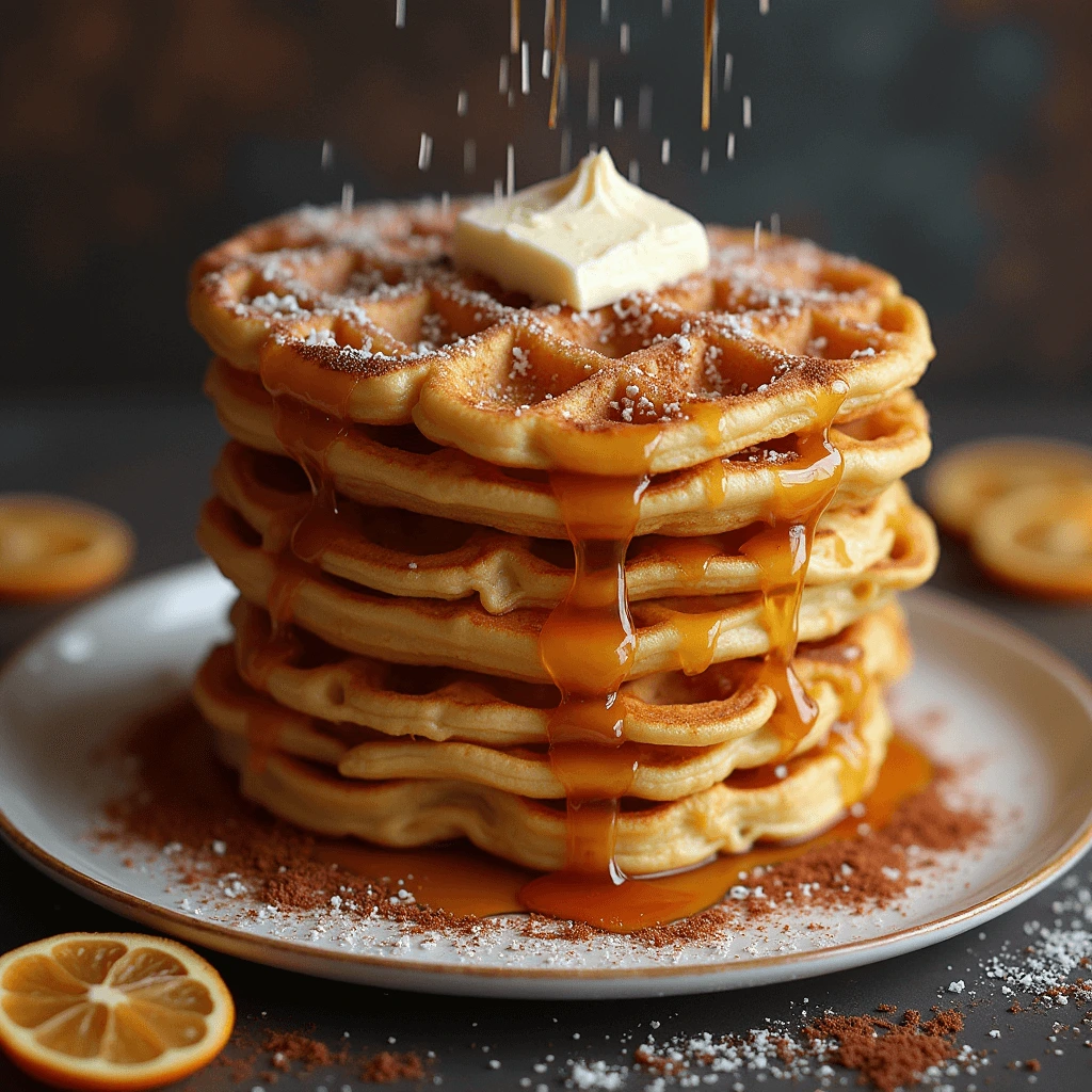  A tall stack of golden waffles drizzled with caramel syrup, topped with a dollop of butter and a dusting of powdered sugar, with citrus slices and cocoa powder sprinkled around the plate.