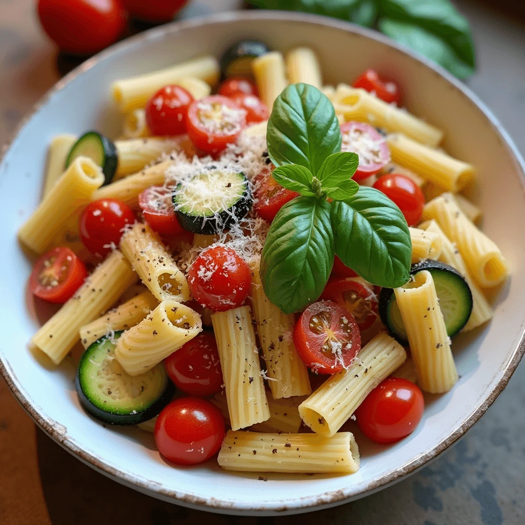 A bowl of rigatoni pasta salad with cherry tomatoes, zucchini slices, grated cheese, and fresh basil leaves.