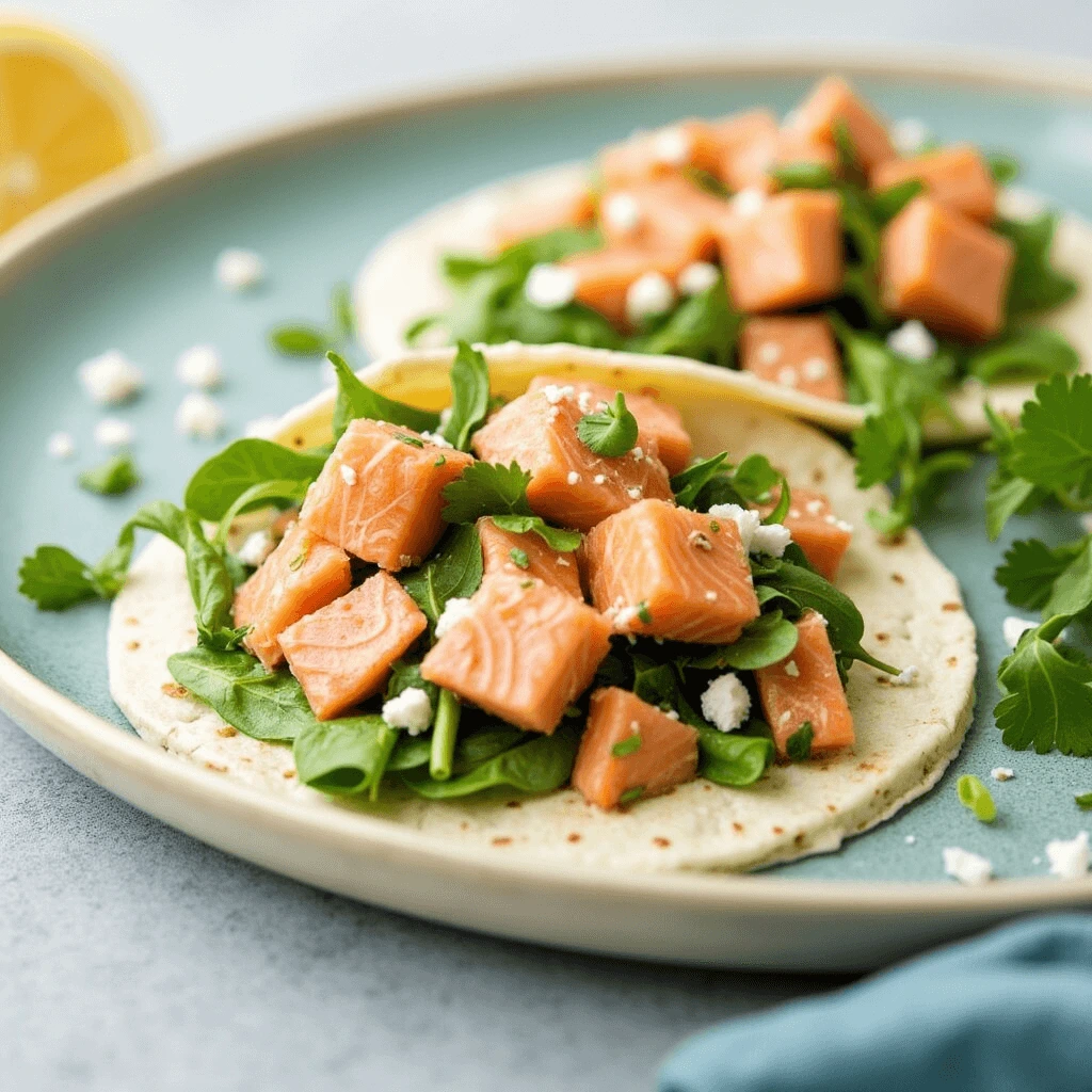 Fresh salmon tacos with leafy greens, feta cheese, and herbs on soft tortillas