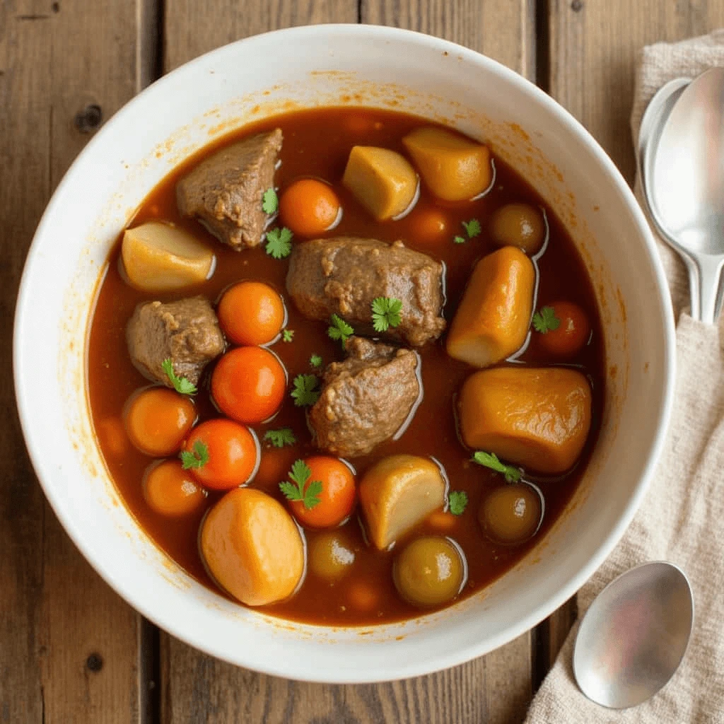 A bowl of hearty beef stew with vegetables.