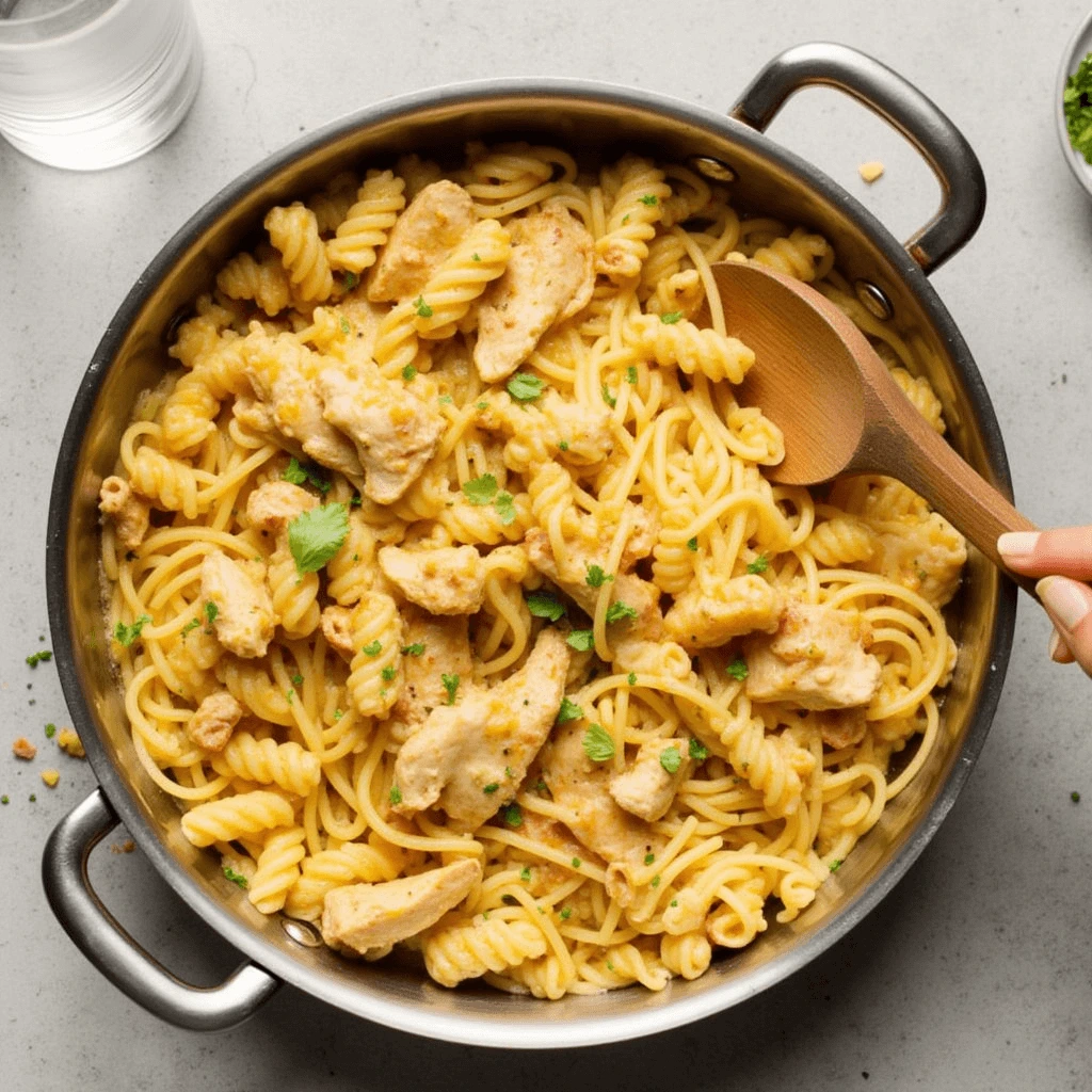 A pan filled with a creamy pasta dish containing both rotini and spaghetti noodles, mixed with pieces of chicken and garnished with fresh herbs. A wooden spoon is stirring the pasta.