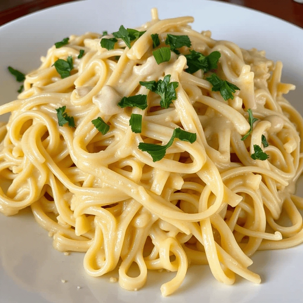 A close-up view of a plate of creamy pasta garnished with chopped green herbs.